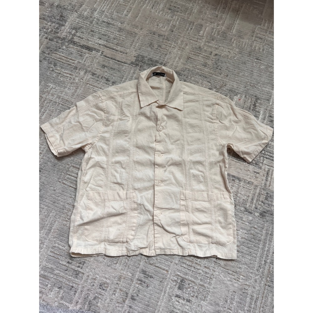 Zara Menswear Shirt Cream Linen Blend Short Sleeve Textured Button Down Casual S